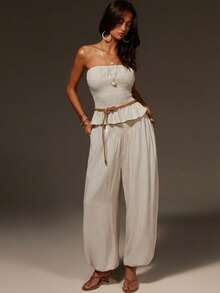 Athîral Women's Casual Beige Bubble-Balloon Trousers, Pleated Waist Design, Tulip-Shaped Trousers, Comfortable And Soft Woven Fabric, Suitable For Casual Women's Wear, Summer Women's Wear, Summer Vacation Wear, Vacations For Women, Casual For Women - Beige - View 5