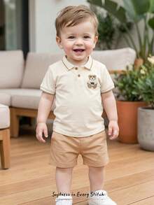 Cozy Pixies 2pcs Baby Boy Cartoon Bear Pattern Polo Collar Short Sleeve Snap Button Top And Elastic Waist Shorts Set