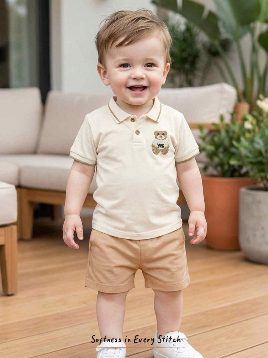 Cozy Pixies 2pcs Baby Boy Cartoon Bear Pattern Polo Collar Short Sleeve Snap Button Top And Elastic Waist Shorts Set