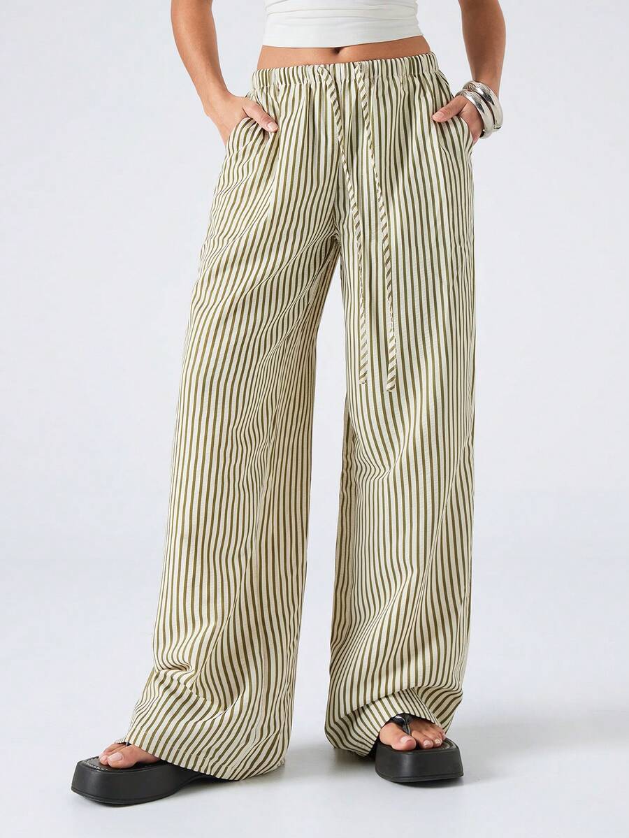 LYSMO Pantalones holgados informales de mujer con cintura con cordón a rayas - Verde - Ver 1