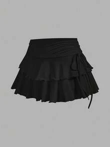 SHEIN MOD 两件套女士休闲简约褶皱腰A字裙，适合外出、音乐会、游轮、夜店等场合。 - 黑色 - 查看 5