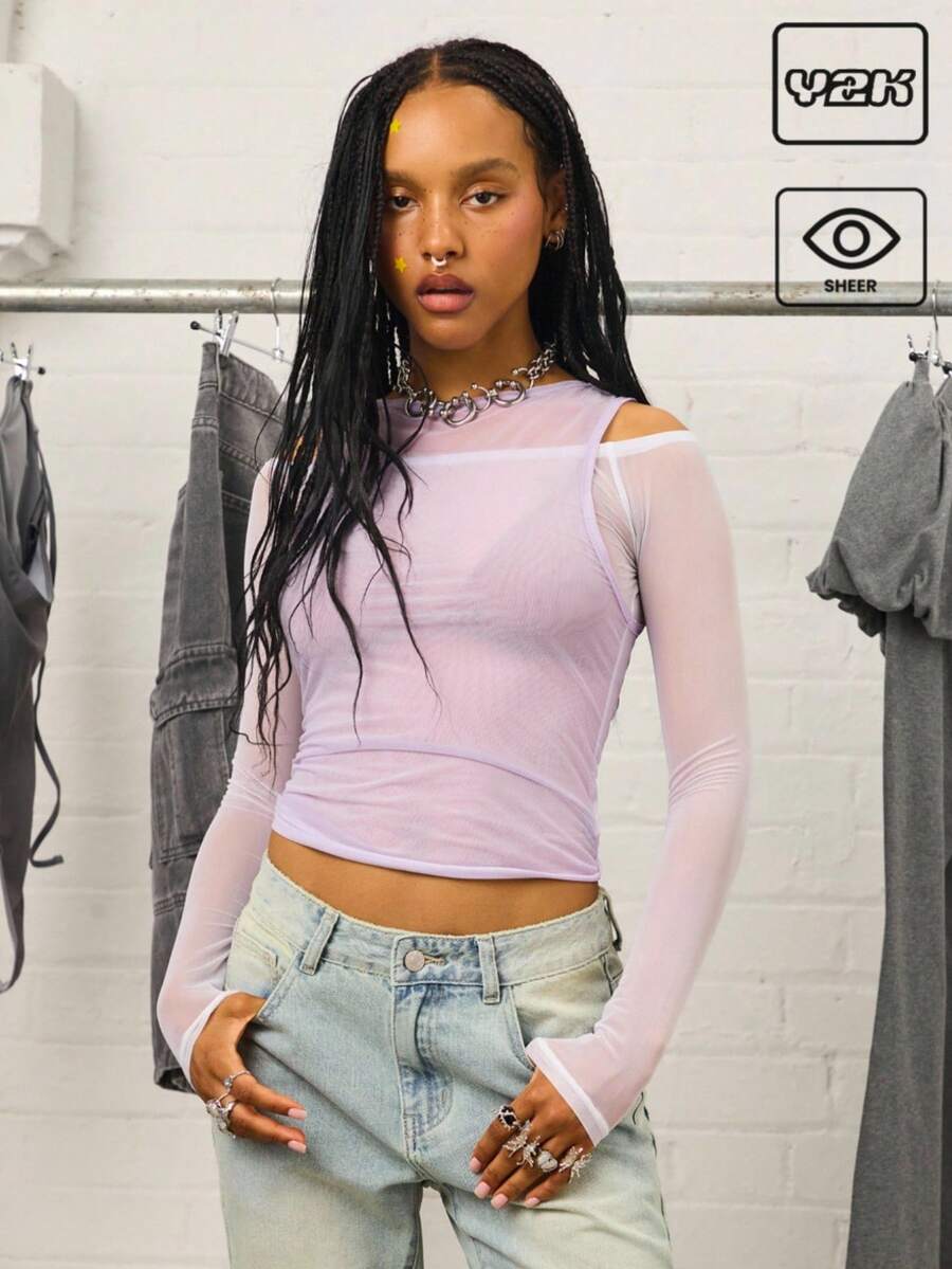 COUREZ Top Transparente com Manga Longa / Tops Fofos Y2K para Sair - Multicolorido - Visão 1