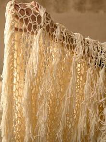 MOTF PREMIUM Áo khoác ngoài đi biển bằng vải mỏng, đính hạt cườm và tua rua, dáng dài đến giữa bắp chân. - Màu be - Xem 7