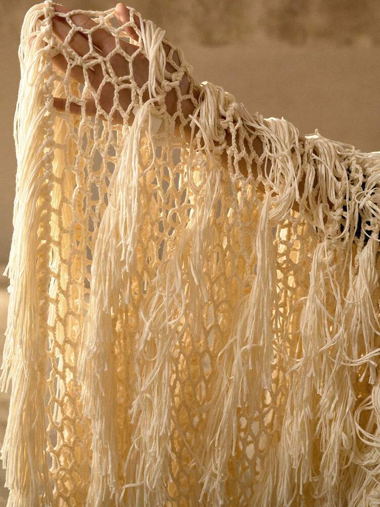 BEADED DECOR TASSELED SHEER VACATION SWIMSUIT COVER UP MID-LENGTH KNITWEAR DRESS