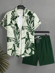 Manfinity EZcore Plus Size Men's Simple Print Short Sleeve Top And Solid Color Shorts Beach Outfit - Multicolor - View 2