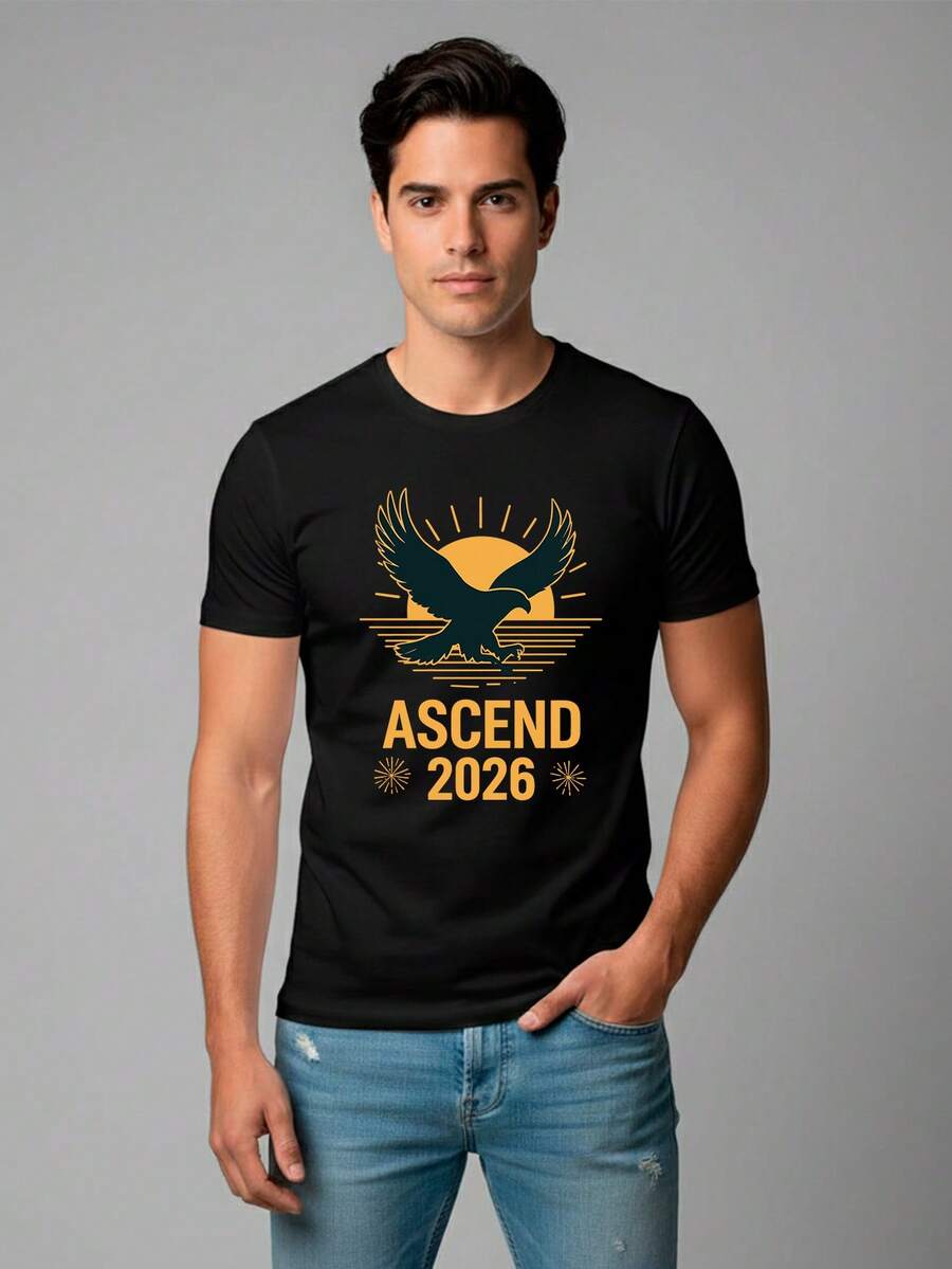 Camiseta para hombre de 100% algodón con cuello redondo y manga corta para hombre ideal para temporada de festividades y fiestas de año nuevo, celebraciones 2025 2026 con estampado de Ascend 31 Diciembre Happy New Year - Negro - Ver 1