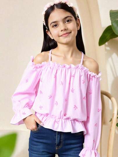 SHEIN Tween Girls Butterfly Print Long Sleeve Shirt