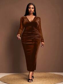 Veslaya Plus Size Women Contrast Lace V-Neck Ruched Fitted Elegant Dress, Long Sleeve - Brown - View 5