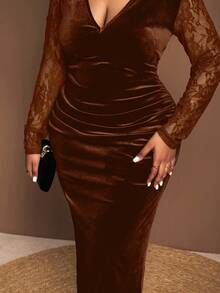 Veslaya Plus Size Women Contrast Lace V-Neck Ruched Fitted Elegant Dress, Long Sleeve - Brown - View 10