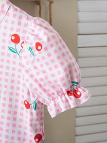 SHEIN Young Girls Cute Plaid Cherry Print Short Sleeve Shirt - Pink - View 5