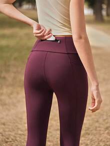 SHEIN Quần legging thể thao ngoài trời dành cho nữ hiệu In My Nature với đường may tương phản, thân thiện với da và thoải mái, có túi khóa kéo phía sau, phù hợp cho phòng tập thể dục, leo núi và chạy bộ. - Màu Đỏ Sâu - Xem 9