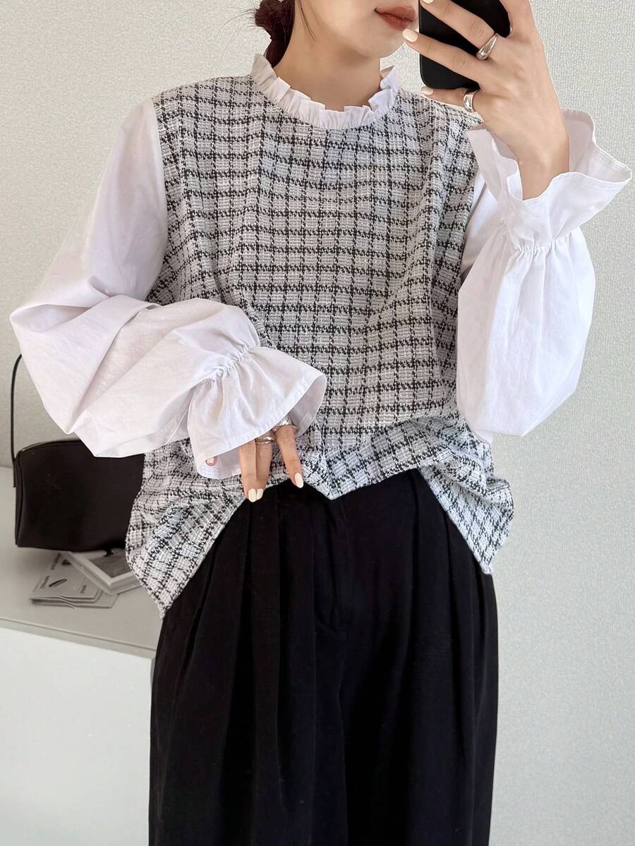 FRIFUL 女士时尚通勤格子拼接二合一长袖衬衫 - 白色 - 查看 1