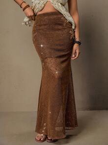 SHEIN VCAY Váy xòe đuôi cá cạp cao đính sequin thanh lịch dành cho nữ cỡ lớn - Cà phê nâu - Xem 6