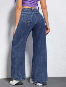 Quần jeans ống rộng rách cá tính thường ngày dành cho nữ - Rửa tối - Xem 2