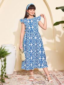 少女度假风碎花圆领短袖连衣裙 - 藍色 - 查看 5