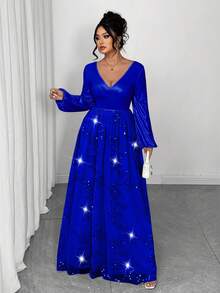 Elenzga Plus Size Women's Elegant Party Dress, V-Neck Sequin Mesh Patchwork Flared Hem Waist Cinched Solid Color Long Sleeve Evening Dress Royal Blue Shimmer Royal Blue Dress Plus Size Evening Gown Evening Gown Plus Size Royal Blue Dress Sequin Dress