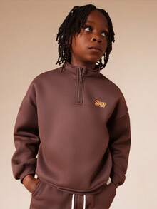 SUMWON Funnel Neck Half Zip Sweatshirt And Jogger Co-Ord Set With Centre Pocket Elastic Cuff Winter Comfort Wear Casual Vacation - Brown - View 3