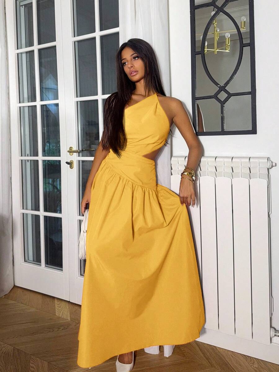 Ronhire 新款不对称镂空露背交叉带细节长裙，休闲度假风格，春夏 - B - 黃色 - 查看 1