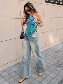 SHEIN Touch of Art Van Gogh Women's Summer Vacation Irises Floral Print Asymmetrical Hem Halter Top - Blue - View 4