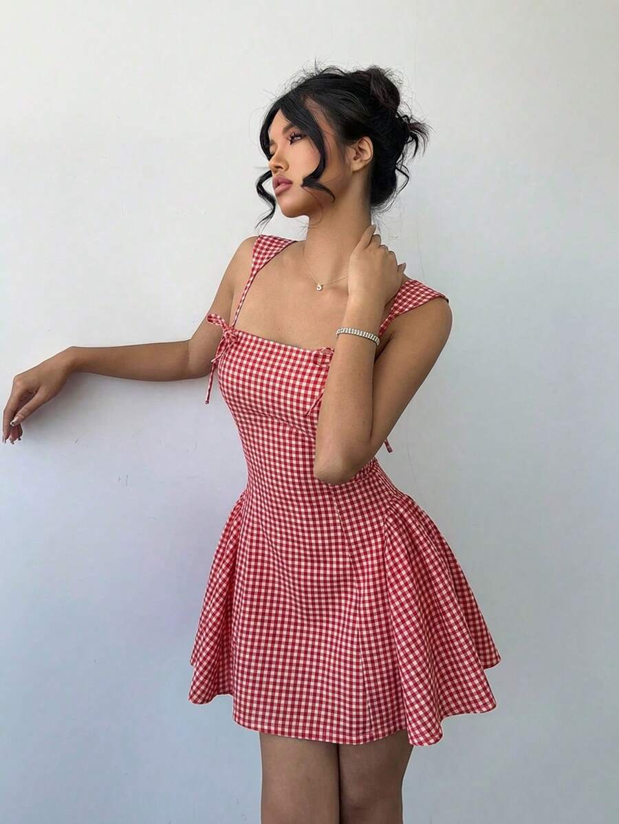 Aloruh 浪漫约会之夜情人节红色吊带蝴蝶结修身荷叶边迷你连衣裙（女款） - 紅色 - 查看 1