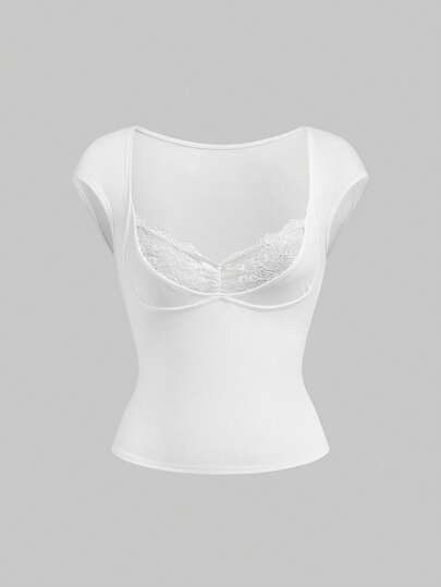 Goth Maglietta aderente a contrasto con vita arricciata in pizzo, stile Y2K sexy e versatile per le donne