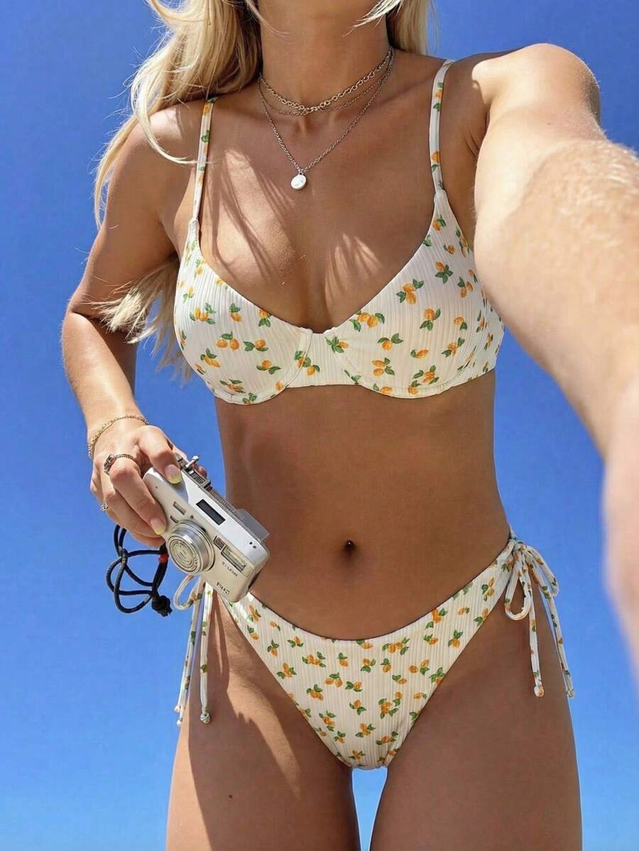 Swim Mod 2pcs/Set Women's Cute Random Lemon Print Bikini Set With Underwire, Adjustable Spaghetti Straps And Side Tie Bottoms, Suitable For Spring/Summer Beach - Multicolor - View 1