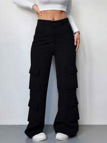 Pantalones de Estilo Trabajo con Pierna Ancha: Estilo Contemporáneo y Funcionalidad Práctica para Tu Guardarropa - Negro - Ver 3