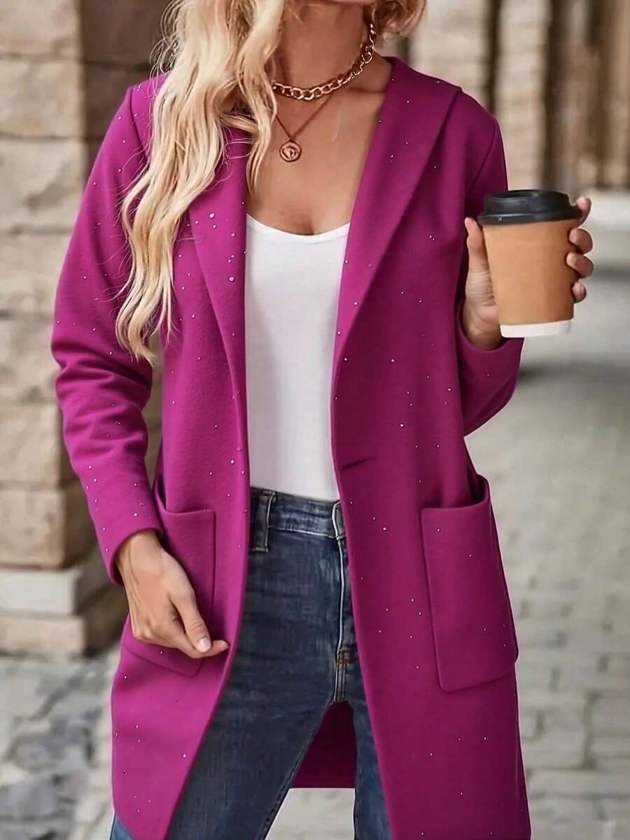 Vestido de sudadera de pantalón largo para mujeres - sombrero, solapa, bolsillo, estilo cómodo y cálido, apilado en otoño e invierno, suéter individual en el exterior - Rosa Fucsia - Ver 1
