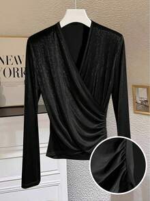 GlowEve CURVE 大码女式杏色丝绒优雅衬衫T恤，秋冬款 - 黑色 - 查看 6