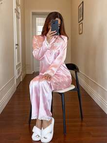 Dream Adore 女士甜心印花蕾丝边睡衣套装 - 粉色 - 查看 4