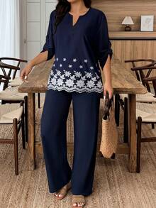 Weeklong Bộ 2 món thanh lịch áo cổ khoét chữ V và quần ống rộng cỡ lớn - Màu xanh hải quân - Xem 3