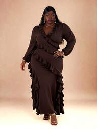 CurvyTilda Plus Size Long Sleeve Dress, Romantic Sweet Ruffle Autumn Dress For Dating, Travel, Autumn Inner Wear, Bow, Summer Dresses For Ladies, Holiday Party Outfit For Women, Elegant, Birthday Outfits, Mesh, Sexy Dresses, Birthday Dress Plus Size, Tops, Fitted, Plain T-Shirt, Women Basic Top, Western Women Dresses, Summer Shirts, Summer Tops, Tight Shirts, Easter, Spring Clothes Valentine's Day/Brown Dress