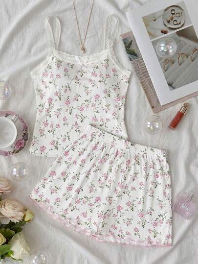 SHEIN 2pcs/Set Teen Girls White Floral Print Ribbon Bow Trim Camisole & Shorts Pajama Set,Cute Summer Loungewear Spaghetti Strap Sleepwear,Family Matching