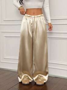 SHEIN PETITE Women's Low-Waist Casual Retro Satin Versatile Brown Marl Color Long Skirt - Khaki - View 4