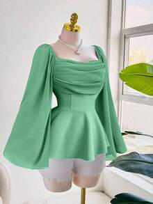 Sweetra Blusa holgada de mujer talla grande con cuello francés elegante y romántica, de gasa, con mangas acampanadas y cintura elástica, para uso diario y casual, primavera/otoño - Verde - Ver 2