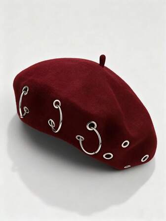 Grunge Punk 1 pieza Boina estilo punk con remaches circulares huecos, Gorra de periódico con colgante redondo Y2K, Artículo de moda personalizado para uso diario