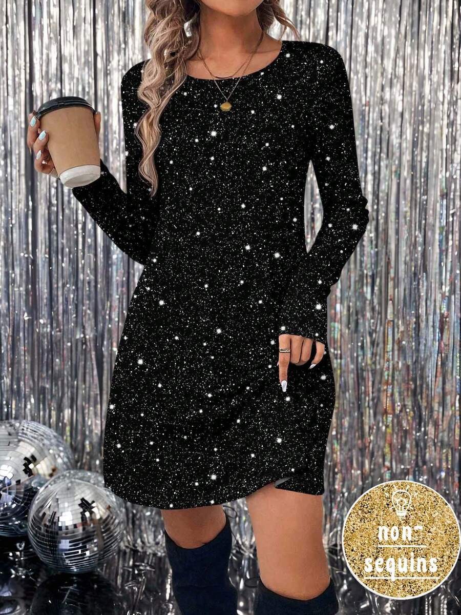 SHEIN LUNE 休闲简约闪亮女士短款连衣裙，适合秋冬季黑色迷你连衣裙、黑色闪亮连衣裙、长袖黑色连衣裙、闪亮黑色连衣裙、黑色亮片连衣裙，春季休闲款 - 彩色 - 查看 1