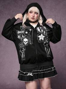 ROMWE Áo nỉ nữ cỡ lớn in họa tiết đầu lâu, nơ và quả khế theo phong cách Gothic, màu đen, thích hợp cho mùa thu/đông đi học, có khóa kéo. - màu đen - Xem 6