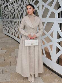 Durrani Popal Elegant & Chic French Style Lapel Long Sleeve Double-Breasted Pearl Button Decor Pleated A-Line Overcoat, Beige - Khaki - View 5