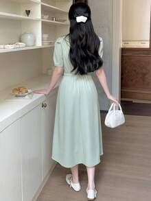 少女浅绿色梭织领褶皱蝴蝶结短袖休闲连衣裙 - 綠色 - 查看 2
