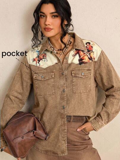 Freevana Washed Nomadic Style Plus Size Denim Color Shirt