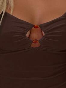 Zyxie Áo hai dây nữ thời trang tối giản, màu trơn, khoét lỗ, dáng ôm, thích hợp cho mùa hè. - Cà phê nâu - Xem 3