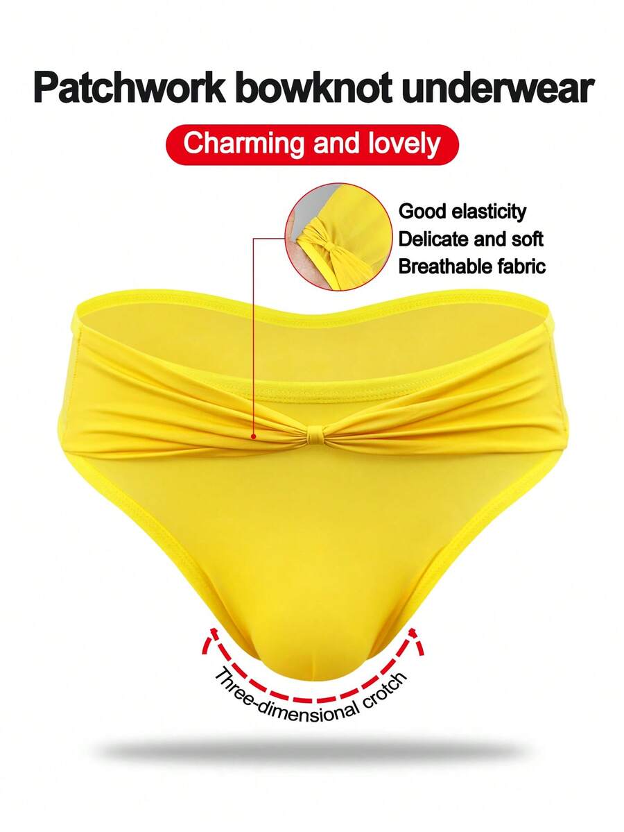 DrisQ 时尚纯黄色面料前蝴蝶结装饰中腰性感男士内裤 - 黃色 - 查看 1