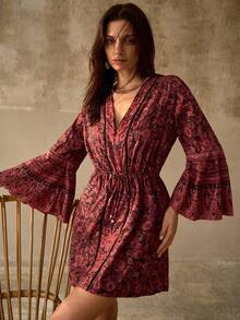 MOTF PREMIUM V-NECK FLORAL FLARE SLEEVE ROMANTIC LIGHTWEIGHT CHIFFON BOHO COVER UP - Multicolor - View 7