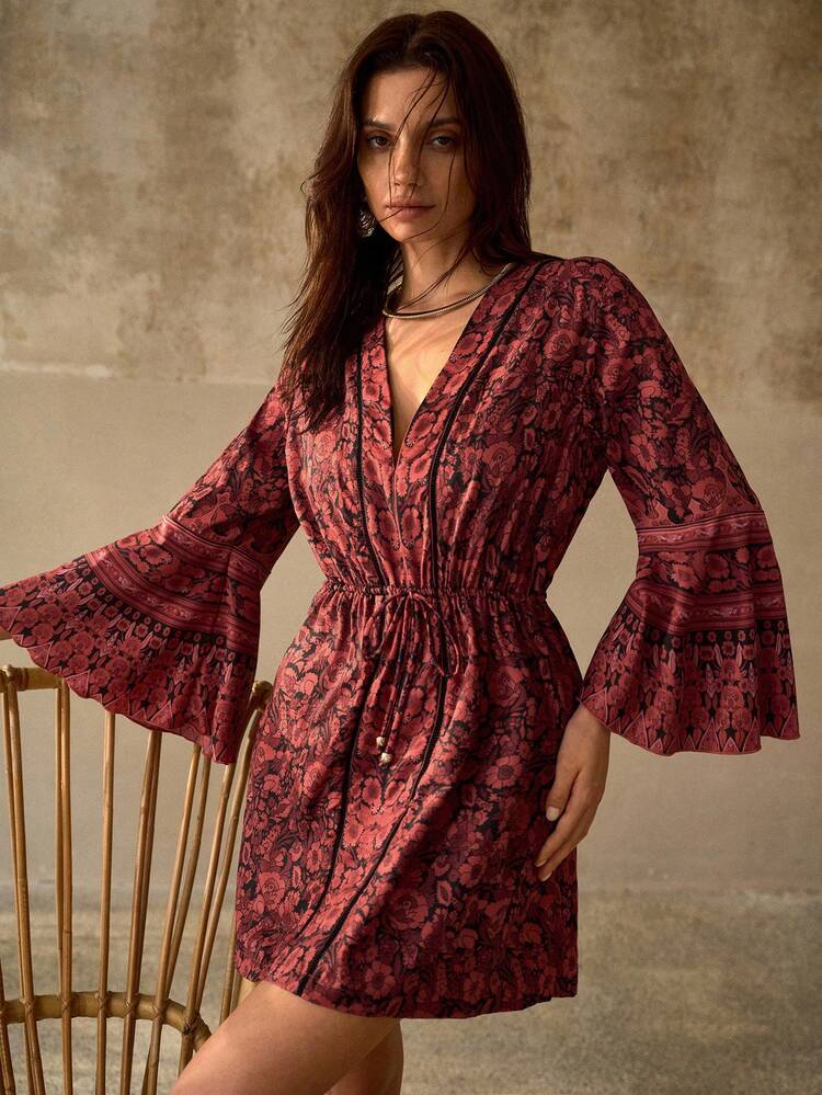V-NECK FLORAL FLARE SLEEVE ROMANTIC LIGHTWEIGHT CHIFFON BOHO COVER UP