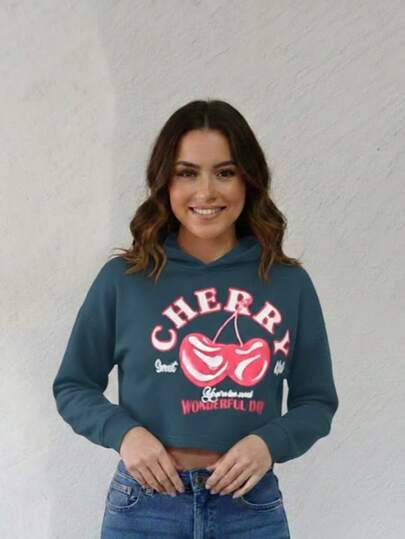 Sudadera con capucha corta o crop-top hoodie para mujer. Diseño CHERRY