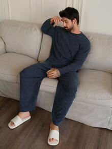 DAZY Haze Blue T-Shirt And Pants Men's Pajama Set, Spring/Autumn - Dusty Blue - View 6
