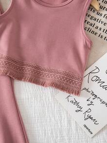 2件套女童休闲纯色圆领无袖背心和流苏喇叭裤，时尚套装 - 粉色 - 查看 7