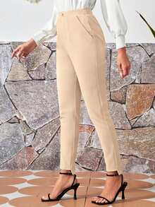 EMERY ROSE 秋冬季斜插口袋不对称下摆修身长裤 - 杏色 - 查看 3