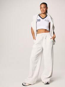 MISSGUIDED Heathered Light Grey Drawstring Wide Leg Sweatpants With Relaxed Jogger Style Elastic Waistband Perfect , Casual And Comfortable Everyday Wear - Grey - View 3